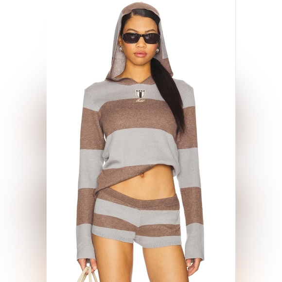 Jaded London Tops - NWT $155 JADED LONDON Stripe Knitted Rugby Top With Hoodie in Grey Small